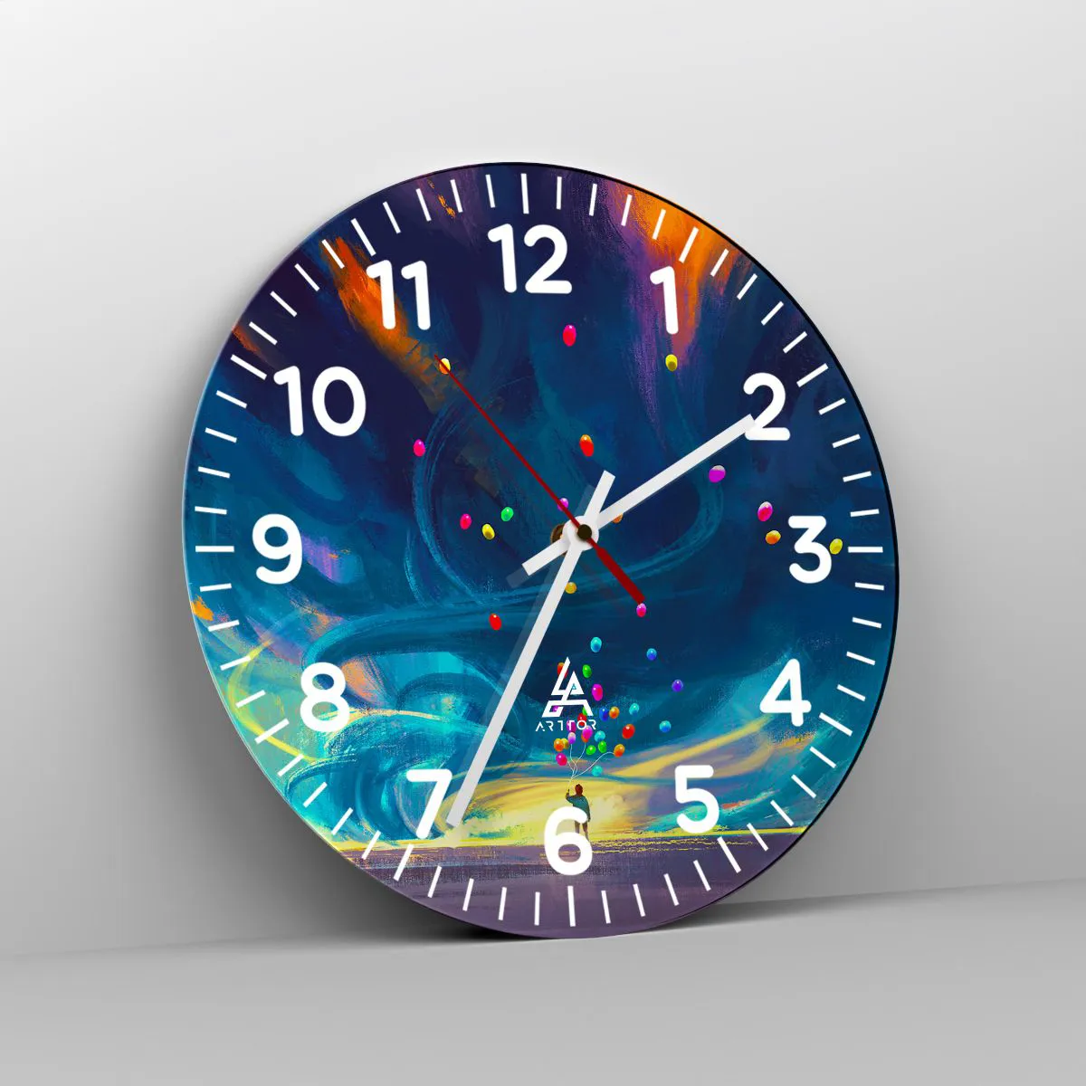 Reloj de pared Arttor - En un viento azul - Esfera con numeración, Forma:  Circular - 30x30 cm - Para Niños, Globos De Colores, Abstracción