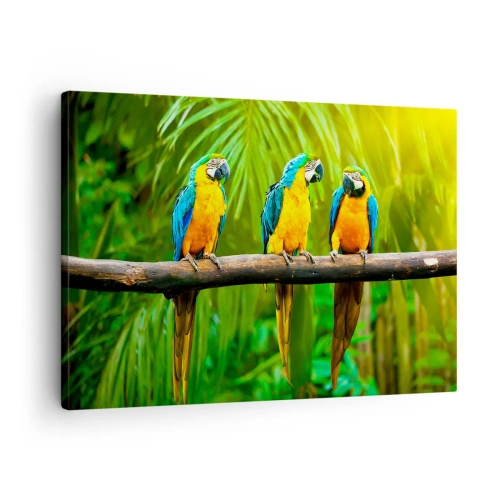 Cuadro sobre lienzo, Impresión de Imagen Arttor 70x50 cm - ¿Y has oído que ella...? - Las Aves, Loros, Naturaleza, Hojas De Palma, Animales, Para el salón, Para el dormitorio, Azul, Verde, Horizontal, Lienzo, AA70x50-2696