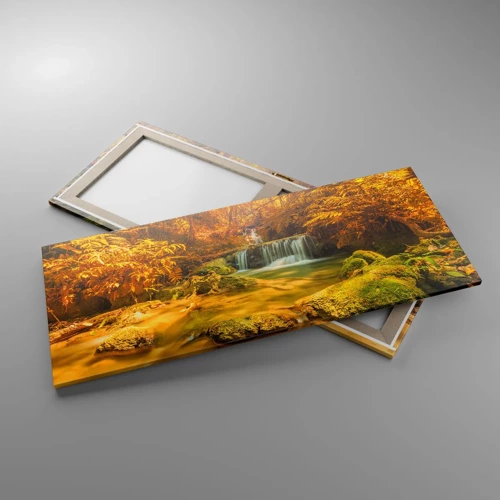 Cuadro sobre lienzo - Impresión de Imagen - Cascada forestal en oro - 120x50 cm