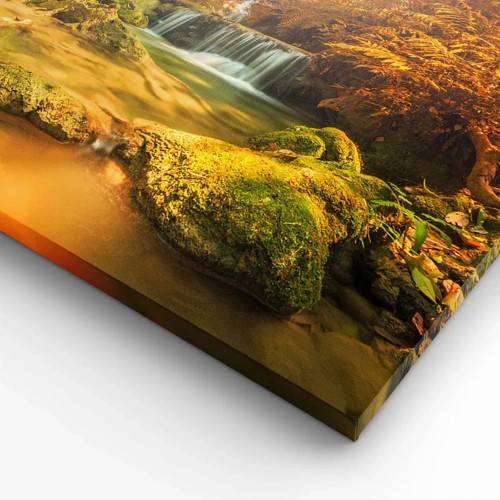 Cuadro sobre lienzo - Impresión de Imagen - Cascada forestal en oro - 120x50 cm