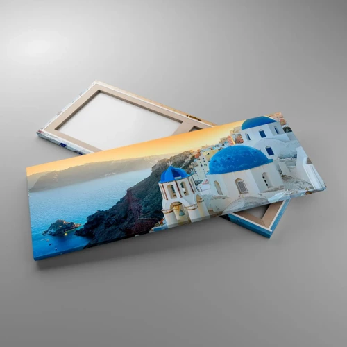 Cuadro sobre lienzo - Impresión de Imagen - Santorini - el abrazo a las rocas - 100x40 cm