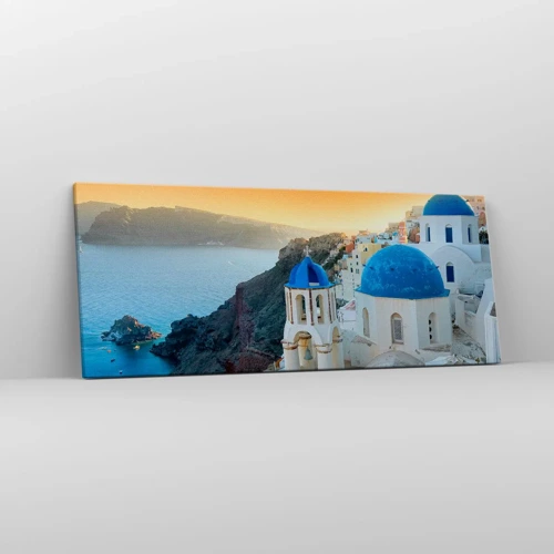 Cuadro sobre lienzo - Impresión de Imagen - Santorini - el abrazo a las rocas - 100x40 cm