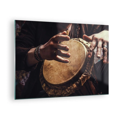 Cuadro sobre vidrio, Impresiones sobre Vidrio Arttor 70x50 cm - En el ritmo del corazón - Tocar El Tambor, África, Música, Tambor, Cultura, Para el salón, Para el dormitorio, Marrón, Negro, Horizontal, Vidrio, GAA70x50-4866