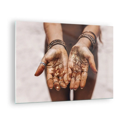 Cuadro sobre vidrio, Impresiones sobre Vidrio Arttor 70x50 cm - Un regalo para ti - Manos Femeninas, Bohemio, Oro, Joyas, Arena, Para el salón, Para el dormitorio, Marrón, Rosa, Horizontal, Vidrio, GAA70x50-5055