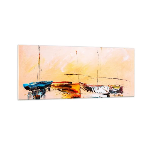 Cuadro sobre vidrio - Impresiones sobre Vidrio - Atardecer en el puerto deportivo - 100x40 cm