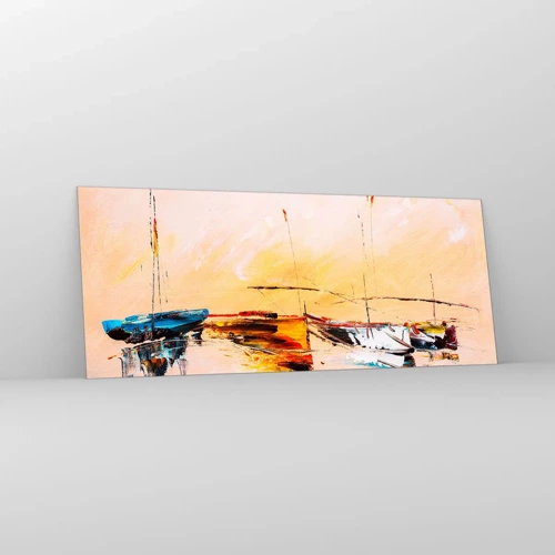 Cuadro sobre vidrio - Impresiones sobre Vidrio - Atardecer en el puerto deportivo - 100x40 cm