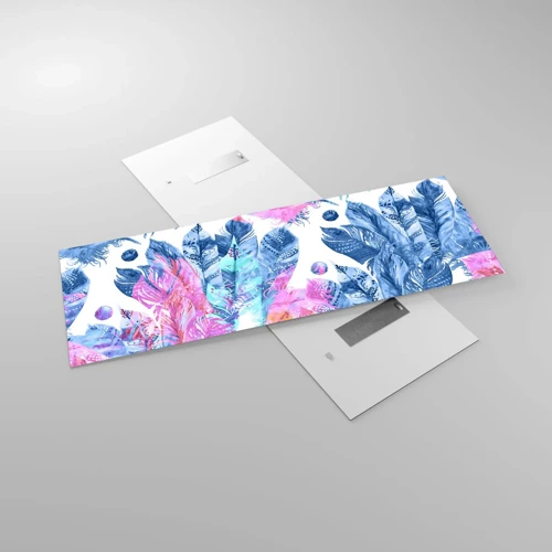 Cuadro sobre vidrio - Impresiones sobre Vidrio - Plumas de color rosa y azul - 140x50 cm