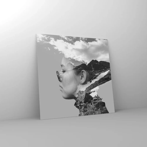 Cuadro sobre vidrio - Impresiones sobre Vidrio - Retrato sobre montañas y nubes - 40x40 cm
