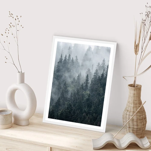 Póster en marco blanco - Amanecer en el bosque - 70x100 cm