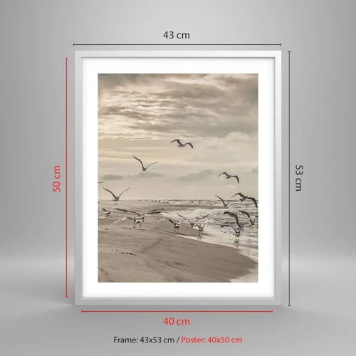 Póster en marco blanco - El sonido del mar, el canto de los pájaros - 40x50 cm