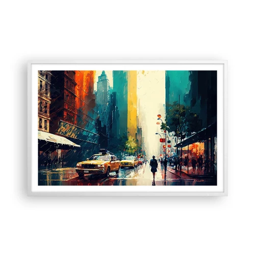 Póster en marco blanco - Nueva York - hasta la lluvia es colorida - 91x61 cm