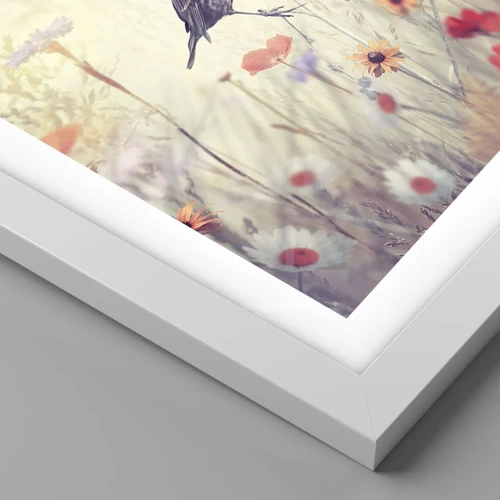 Póster en marco blanco - Retrato de pájaro con prado de fondo - 100x70 cm