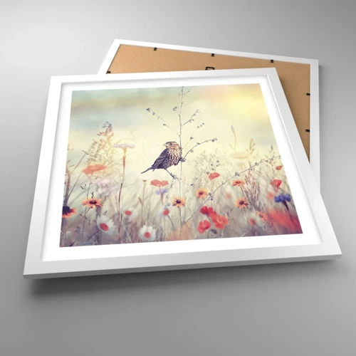 Póster en marco blanco - Retrato de pájaro con prado de fondo - 40x40 cm