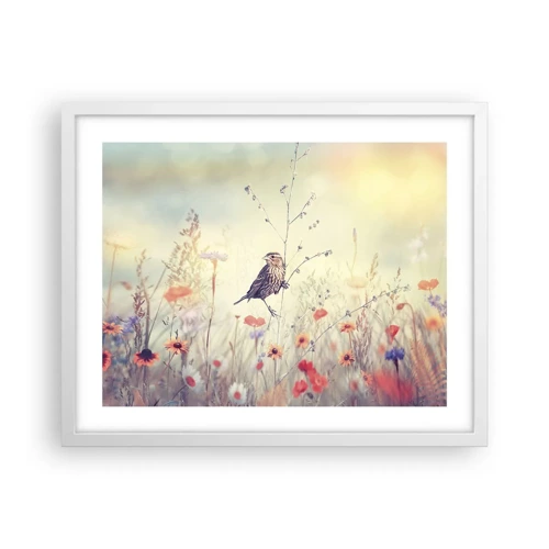 Póster en marco blanco - Retrato de pájaro con prado de fondo - 50x40 cm