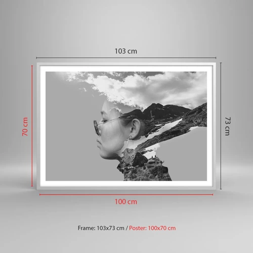 Póster en marco blanco - Retrato sobre montañas y nubes - 100x70 cm