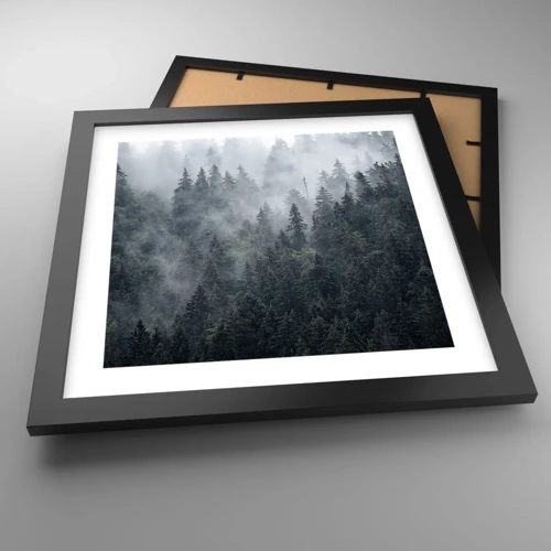 Póster en marco negro - Amanecer en el bosque - 30x30 cm