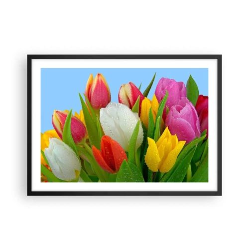 Póster en marco negro - Arco iris floral en gotas de rocío - 70x50 cm