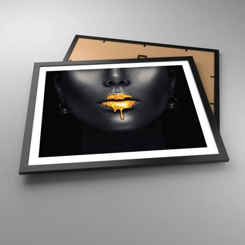 Póster en marco negro - Labios de oro - 50x40 cm