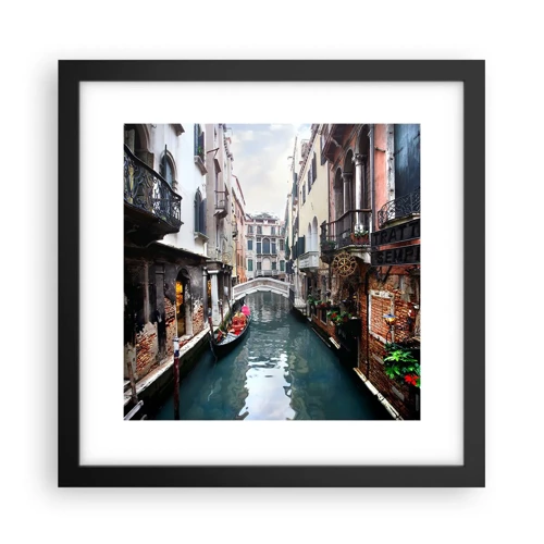 Póster en marco negro - Paisaje veneciano con góndola y puente - 30x30 cm