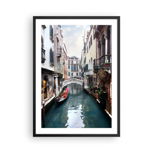 Póster en marco negro - Paisaje veneciano con góndola y puente - 50x70 cm