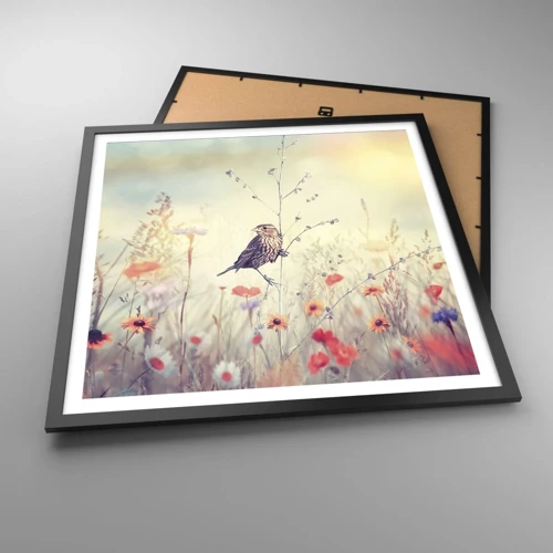Póster en marco negro - Retrato de pájaro con prado de fondo - 60x60 cm