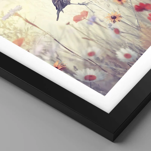 Póster en marco negro - Retrato de pájaro con prado de fondo - 60x60 cm