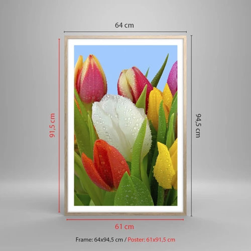 Póster en marco roble claro - Arco iris floral en gotas de rocío - 61x91 cm