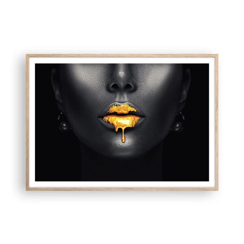 Póster en marco roble claro - Labios de oro - 100x70 cm