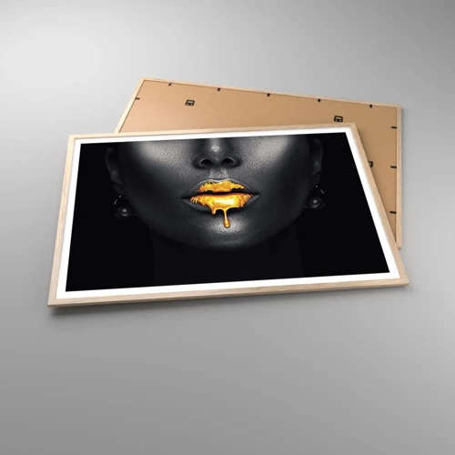 Póster en marco roble claro - Labios de oro - 100x70 cm