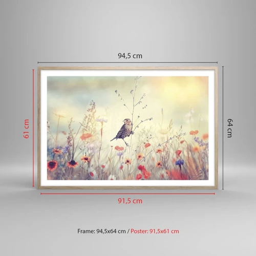 Póster en marco roble claro - Retrato de pájaro con prado de fondo - 91x61 cm