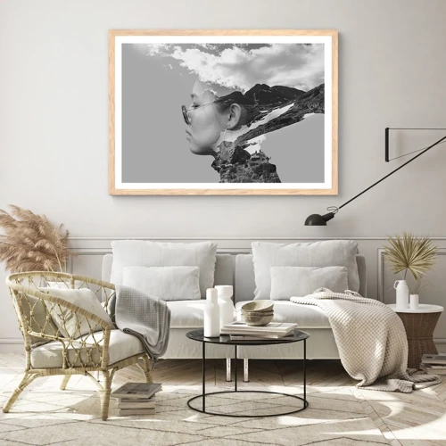 Póster en marco roble claro - Retrato sobre montañas y nubes - 100x70 cm