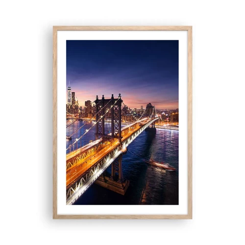 Póster en marco roble claro - Un puente luminoso hacia el corazón de la ciudad - 50x70 cm