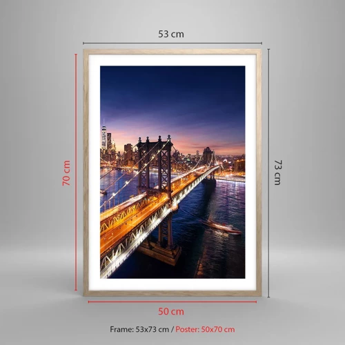 Póster en marco roble claro - Un puente luminoso hacia el corazón de la ciudad - 50x70 cm