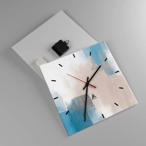 Reloj de pared - Reloj de vidrio - Abstracción rosa tras un velo azul - 30x30 cm