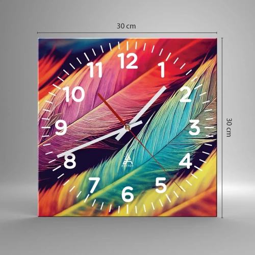 Reloj de pared - Reloj de vidrio - Arco iris plumoso - 30x30 cm