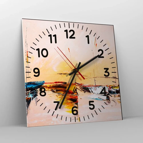 Reloj de pared - Reloj de vidrio - Atardecer en el puerto deportivo - 40x40 cm