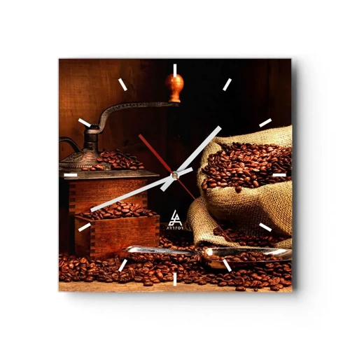 Reloj de pared - Reloj de vidrio - Bodegón con granos de café y molinillo - 30x30 cm