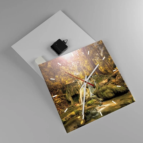 Reloj de pared - Reloj de vidrio - Cascada forestal en verde - 30x30 cm