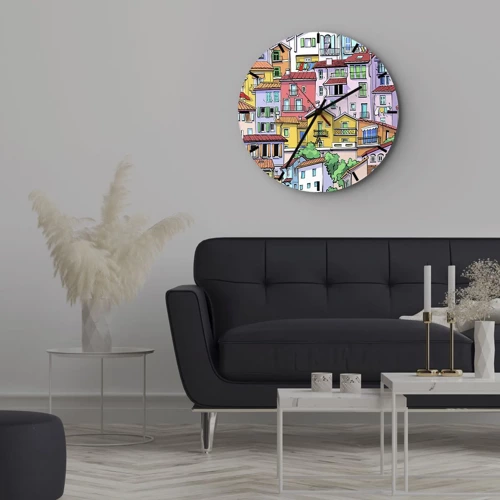 Reloj de pared - Reloj de vidrio - Ciudad alegre - 30x30 cm