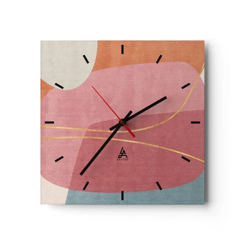 Reloj de pared - Reloj de vidrio - Composición en pastel con hilos de oro - 30x30 cm