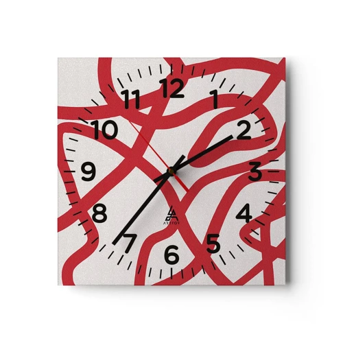 Reloj de pared - Reloj de vidrio - Rojo sobre blanco - 30x30 cm
