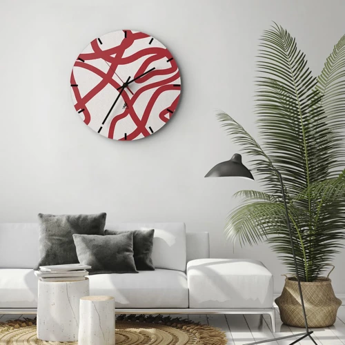 Reloj de pared - Reloj de vidrio - Rojo sobre blanco - 30x30 cm
