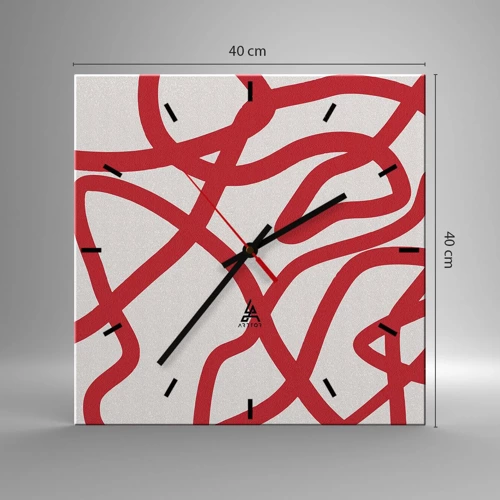 Reloj de pared - Reloj de vidrio - Rojo sobre blanco - 40x40 cm