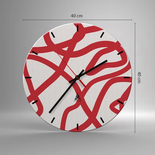 Reloj de pared - Reloj de vidrio - Rojo sobre blanco - 40x40 cm