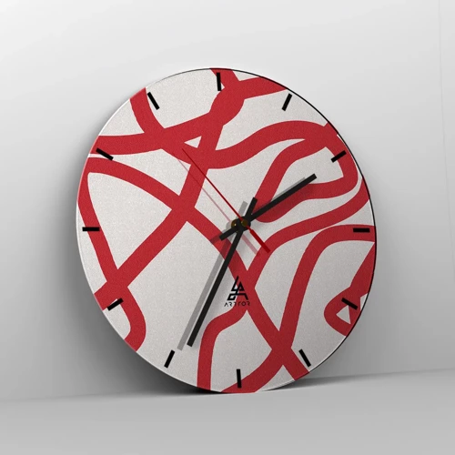 Reloj de pared - Reloj de vidrio - Rojo sobre blanco - 40x40 cm