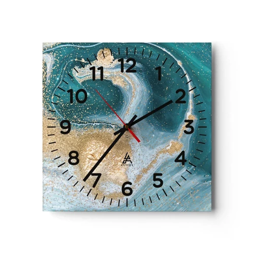 Reloj de pared - Reloj de vidrio - Un remolino de oro y turquesa - 30x30 cm
