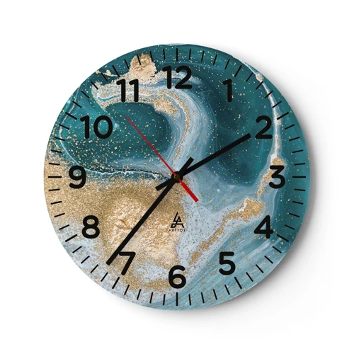 Reloj de pared - Reloj de vidrio - Un remolino de oro y turquesa - 30x30 cm