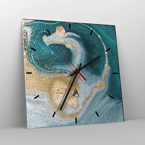 Reloj de pared - Reloj de vidrio - Un remolino de oro y turquesa - 30x30 cm